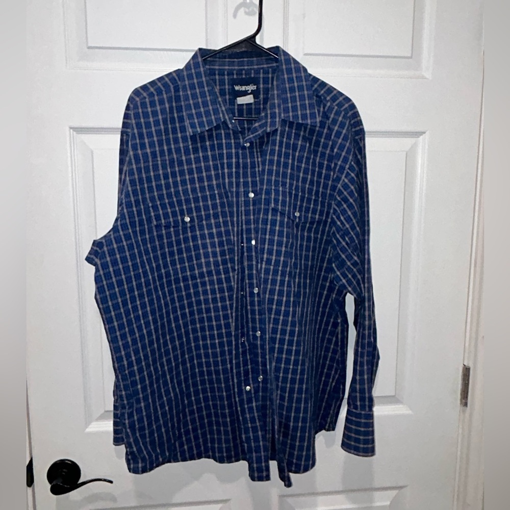 Vintage Wrangler Mens Size XXL‎ Pearl Snap Western Cowboy Blue Plaid